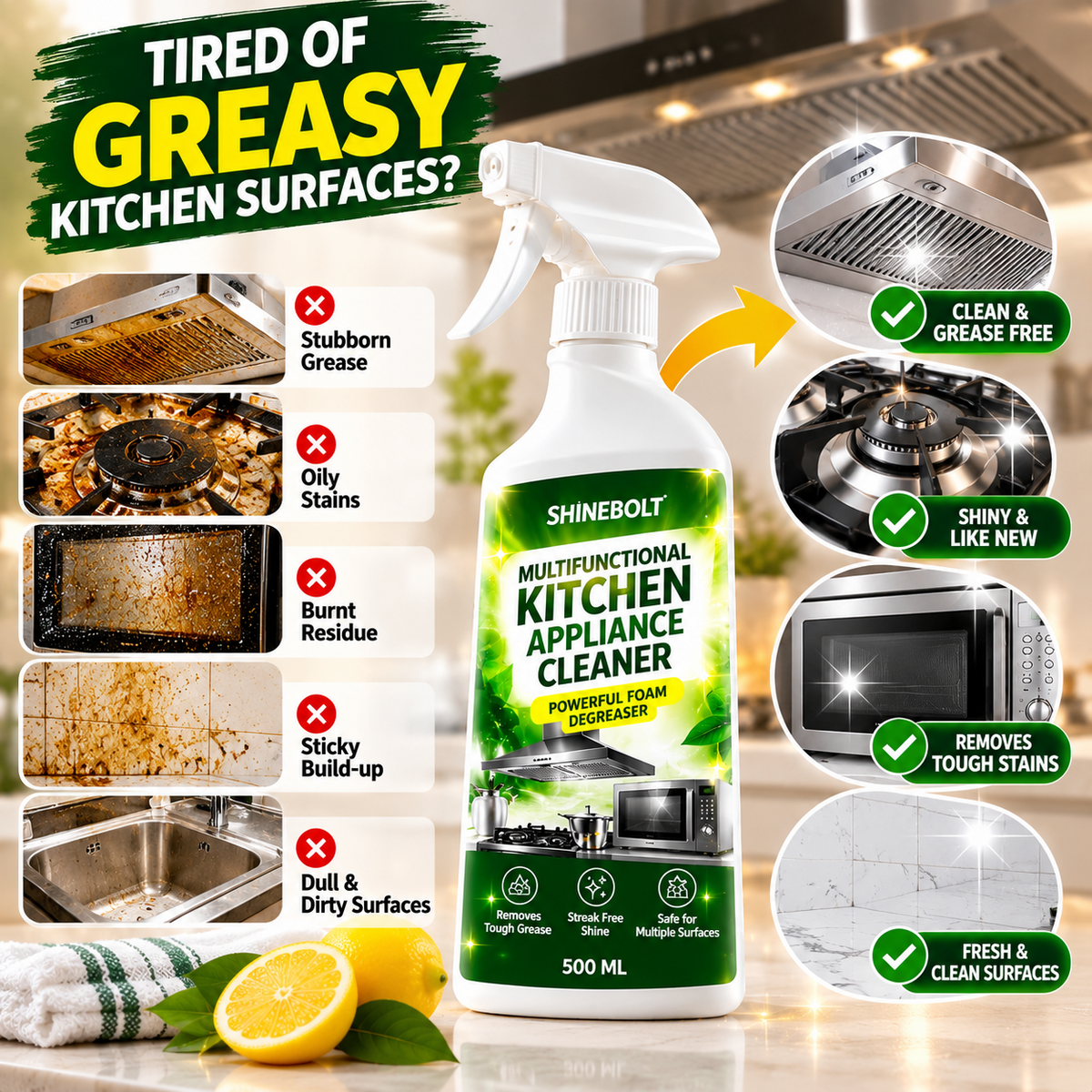 Shinebolt kitchen cleaner — Shinebolt_ Grease to Gleam