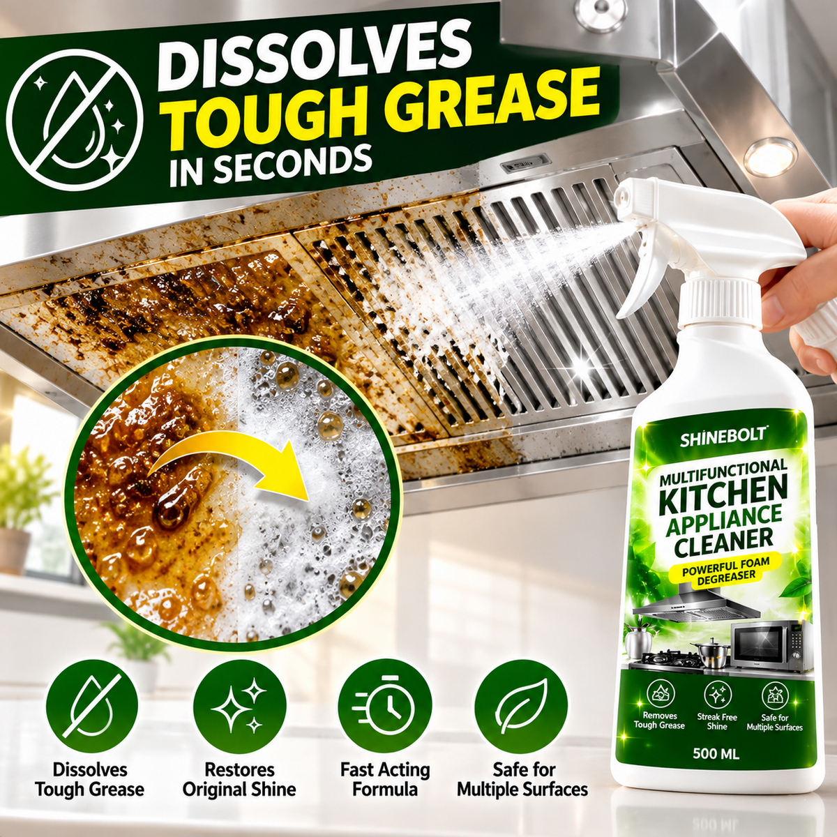 Shinebolt kitchen cleaner — Dissolves Tough Grease Instantly