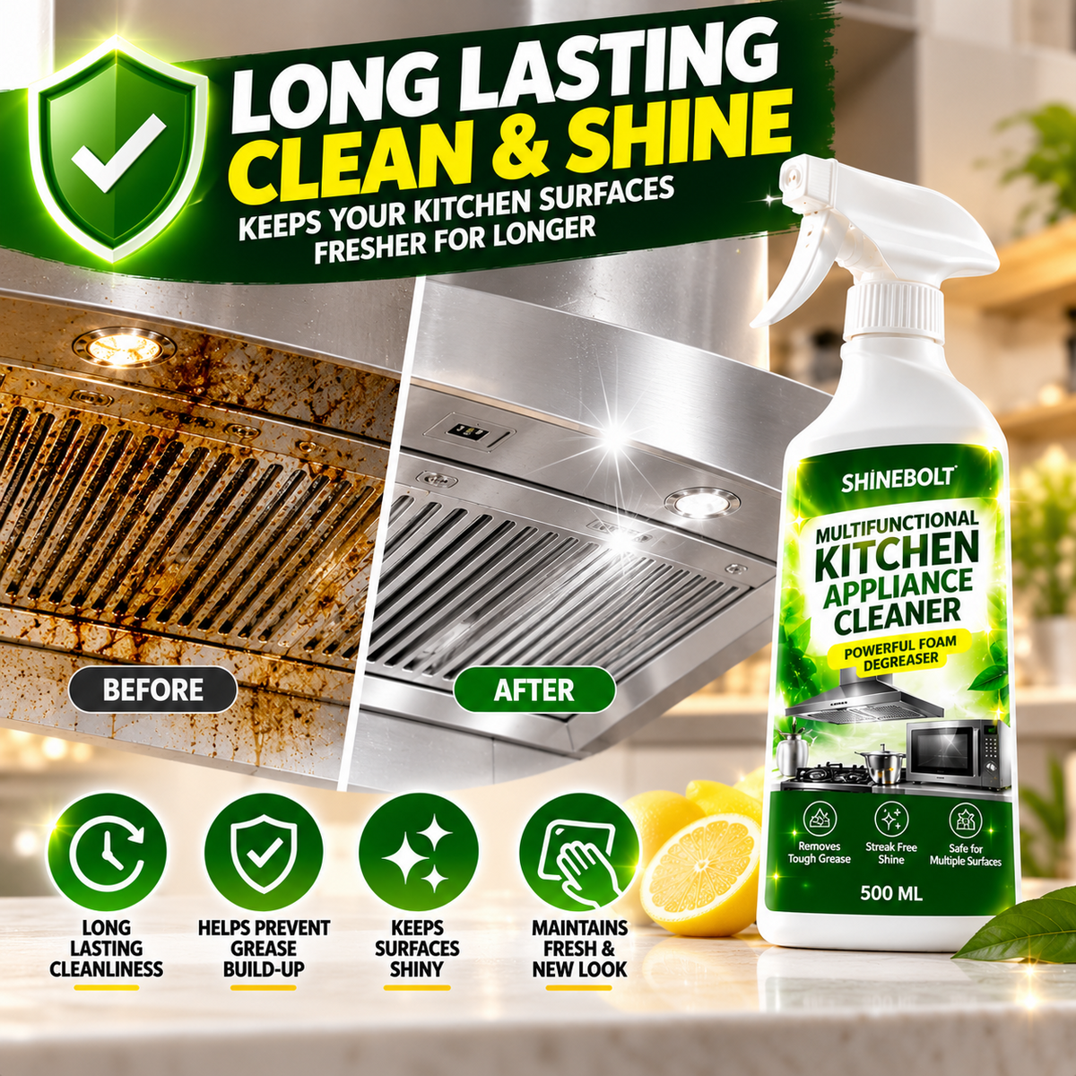 Shinebolt kitchen cleaner — Long-Lasting Kitchen Shine Ad