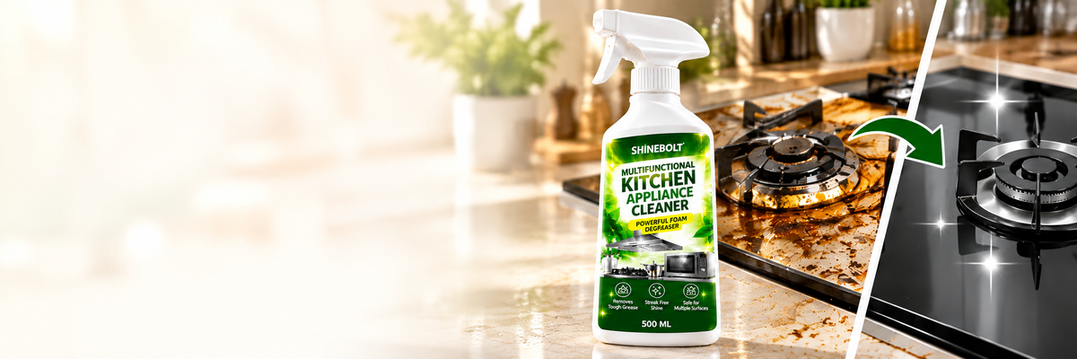 Shinebolt 500 ml cleaner with an illustrative kitchen cleaning scene
